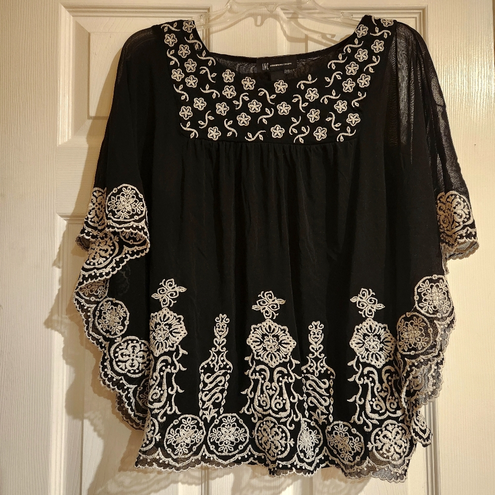 INC 3/$24 International Concepts, kimono,  M. Black mesh embroidered Top, Blouse